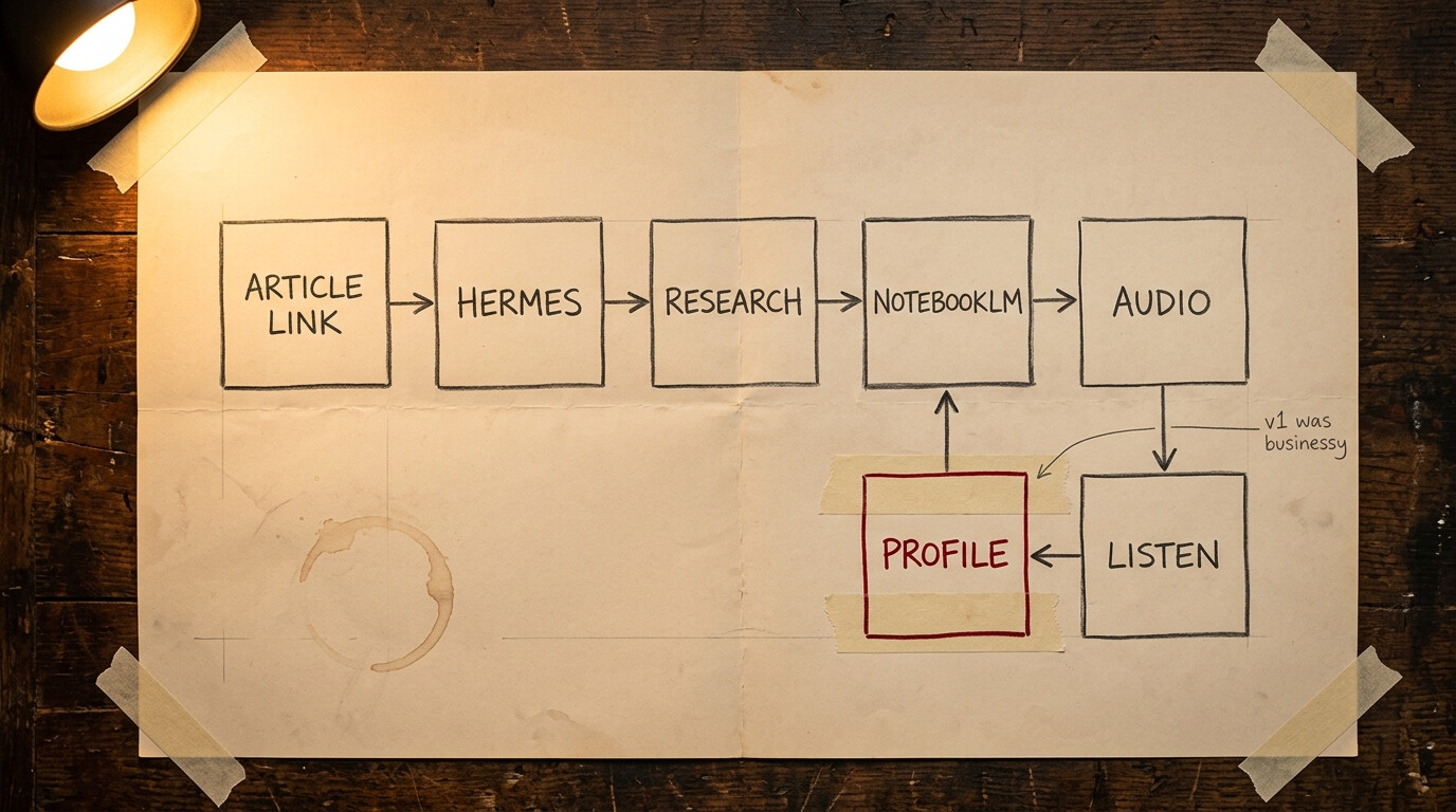 Hand-drawn workshop diagram: article link, Hermes, research, NotebookLM and audio in a row; audio leads to listen, listen to profile, and profile back to NotebookLM, forming a loop. The profile box is taped in and drawn in red ink, with a pencil note reading &ldquo;v1 was businessy&rdquo;.