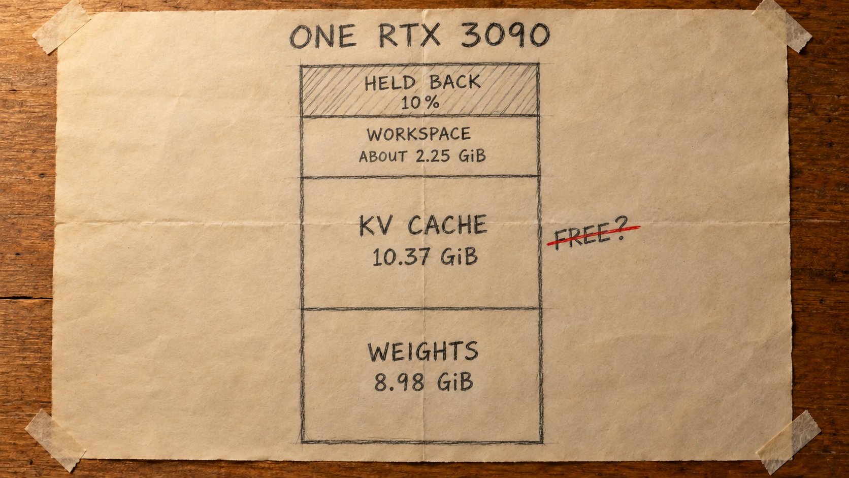 Pencil sketch on paper of the memory on one RTX 3090, drawn as one tall stacked column. From the bottom: weights, 8.98 GiB; KV cache, 10.37 GiB; workspace, about 2.25 GiB; and a hatched section held back, 10%. Next to the KV cache the word “FREE?” is struck through in red.