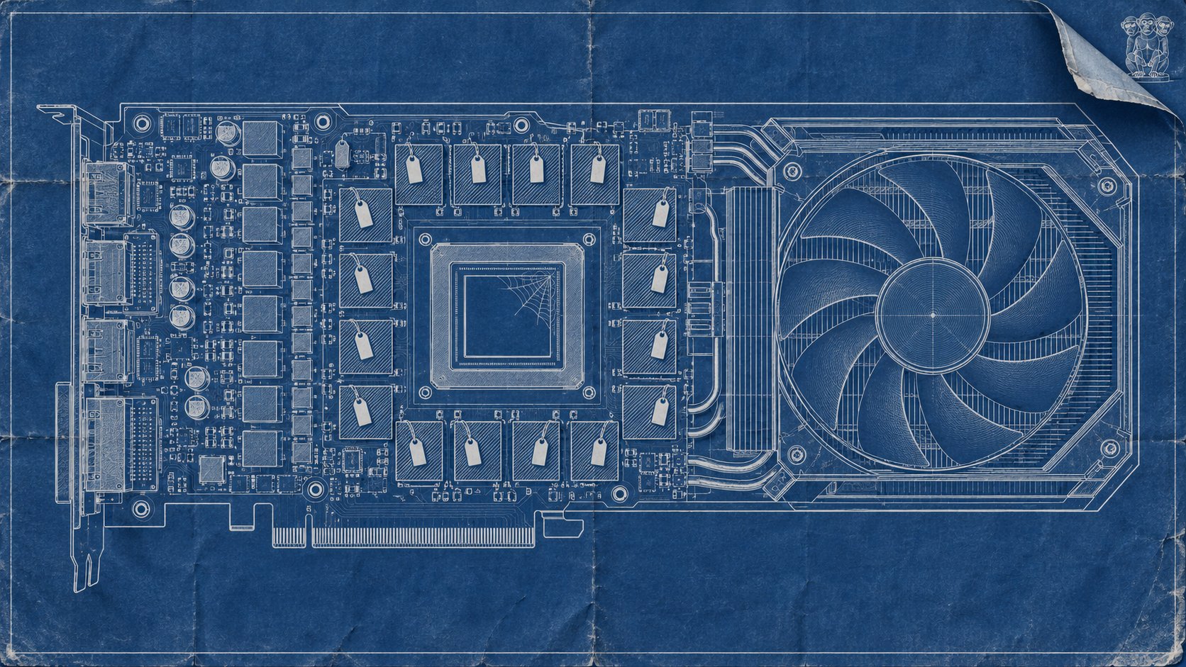An engineer's blueprint of an RTX 3090 seen from above: every memory block around the processor has a tag tied to it, while a cobweb stretches across the idle processor in the middle.